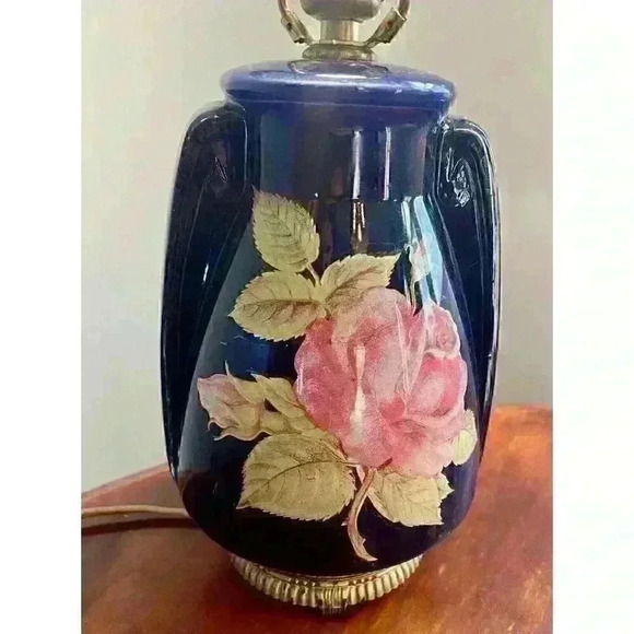 Ginger Jar Hand Painted Vintage Table Lamp Tested Works Pink Rose Bronze Base - Picture 2 of 5